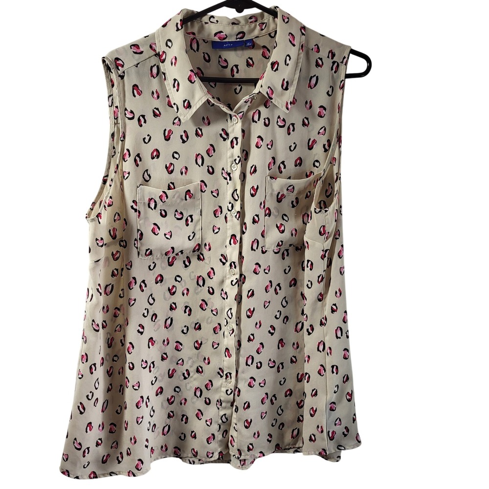Apt 9 Womens 1X‎ Sleeveless Button Down  Pink Beige Leopard Print Top Pockets
